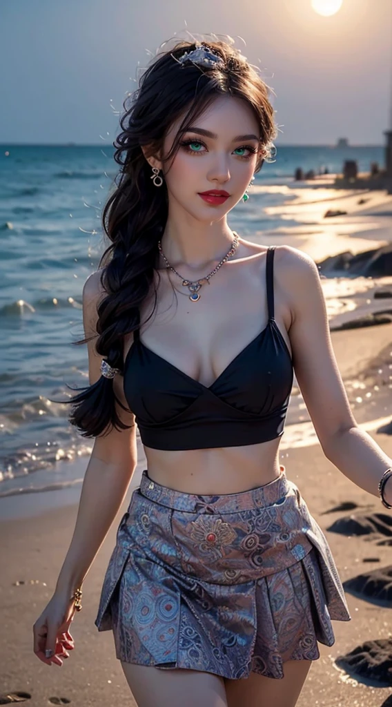 1 beautiful young naked princess [no longer a child:1.8],(Exquisite patterns on the skirt:1.6),braided hair with long black bangs: 1.6,((hair jewelry:1.9)), noble, noble style of an extremely beautiful girl, super cute little face, very pretty face, fur thin eyebrows, flawless beautiful face, ((black eye pupils: 0.8)), very beautiful eyes, beautiful breasts, perfect body,, beautiful makeup and detailed hairdo, eyelashes, eye makeup wet, high nose, earrings, red lips, 8k photos, super high quality, super realistic, super 10x pixels, optical, bright studio, bright edges, two-tone lighting, (high detail skin:1.2), super 8k, soft lighting , high quality, volumetric light, optical, optical high resolution, light, best photo, 4k, 8k quality, blur effect, smooth sharpness, 10 x pixels, ((beach at night background:1.5)), aurora, lightning, super realistic graphics, most realistic graphics, alone, solo, Extremely sharp, surreal images, (((frontal portrait: 1.3))).
