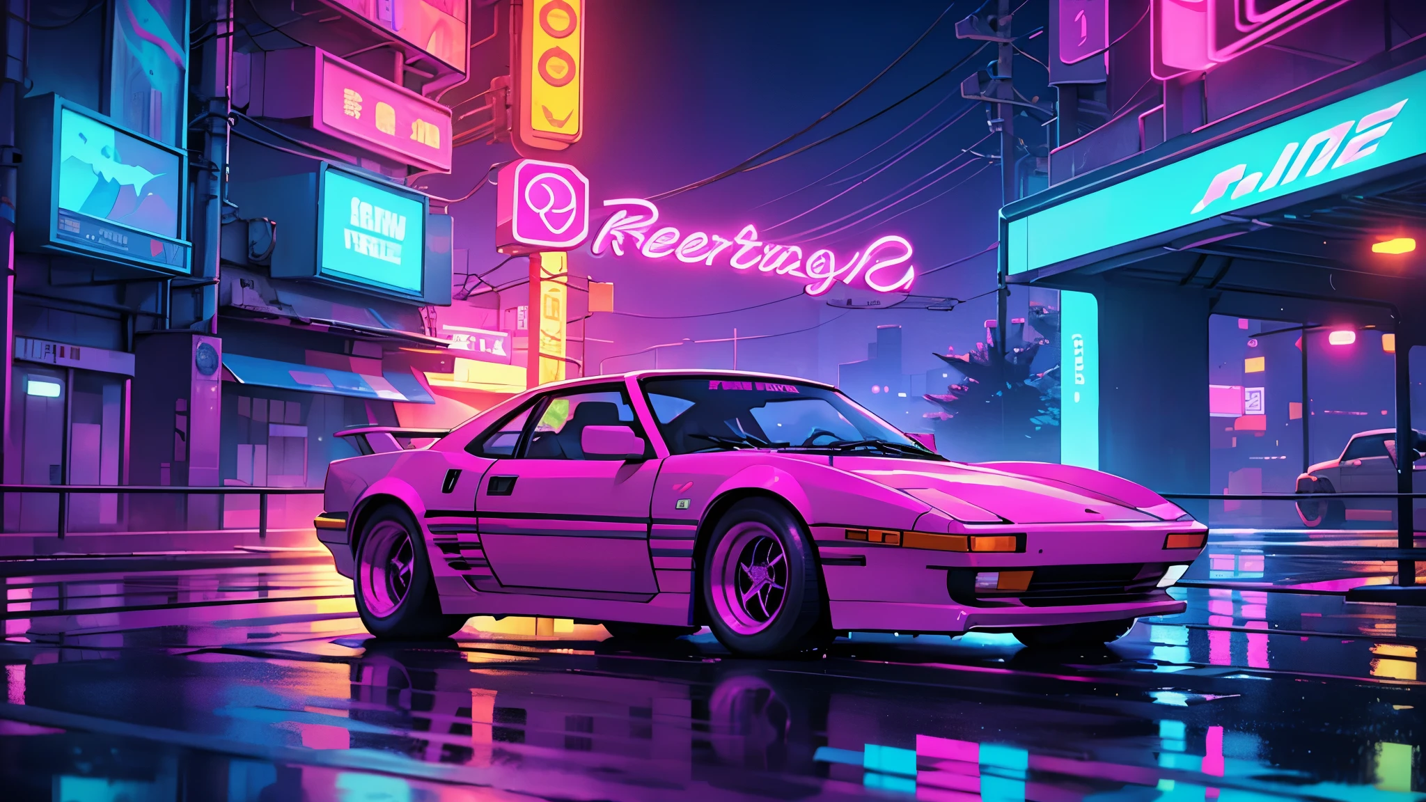 Retrowave synthwave car on a wet road. , neon lights, neon, retrowave, club,,,, in love Hemp, colorful, wallpaper, energy, secret, magical environment, omniscience, prediction of the future, understanding the past, frost magic, --v 6