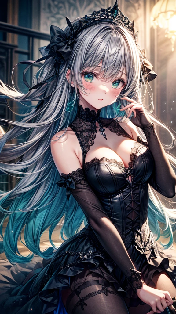 (One girl),Gothic,Half Side Up,Gray Hair, Organza Lace,Gorgeous and elaborate clothes,Gothic, flight, green, (colorful), Bold, Gradient Blend, Motion Blur, Sparkling Texture, Dynamic configuration, Atmospheric perspective, Impressionist, , (masterpiece), (Highest quality), wonderful, (Beautiful attention to detail), (In detail), Depth of written boundary, Highly detailed CG, original, Highly detailed wallpaper, (Vibrant colors), Cinema Lighting,  (colorful), blush,