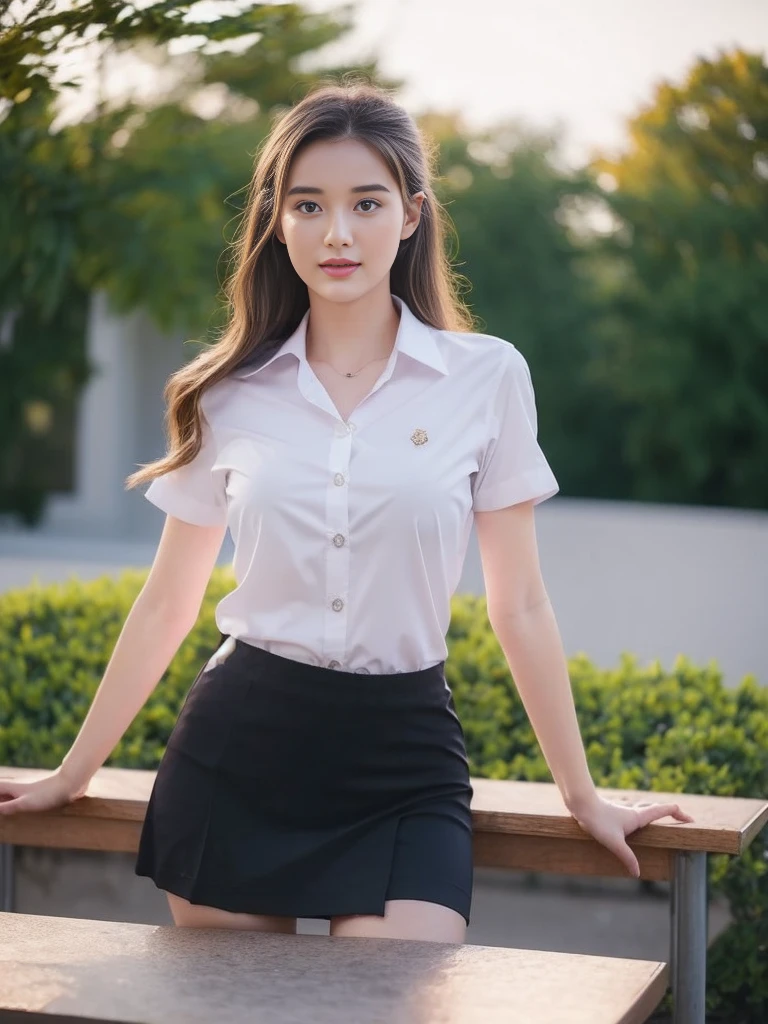 A young woman stands and gives a presentation wearing a sexy academic uniform.,Small milk,Look at me on the table, black skirt,Unbutton your shirt and show your breasts., Open a tight white shirt.,(collar shirt),、(Masterpiece、Highest quality) 、for sharp images、The sun is strong.、Definitely a striking image., very very beautiful、Masterpiece, Highest quality,picture, cute,((23 year old woman:1.2)), realistically,realistic