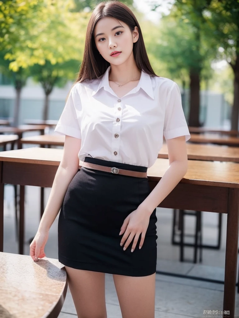 A young woman stands and gives a presentation wearing a sexy academic uniform.,Small milk,Look at me on the table, black skirt,Unbutton your shirt and show your breasts., Open a tight white shirt.,(collar shirt),、(Masterpiece、Highest quality) 、for sharp images、The sun is strong.、Definitely a striking image., very very beautiful、Masterpiece, Highest quality,picture, cute,((23 year old woman:1.2)), realistically,realistic