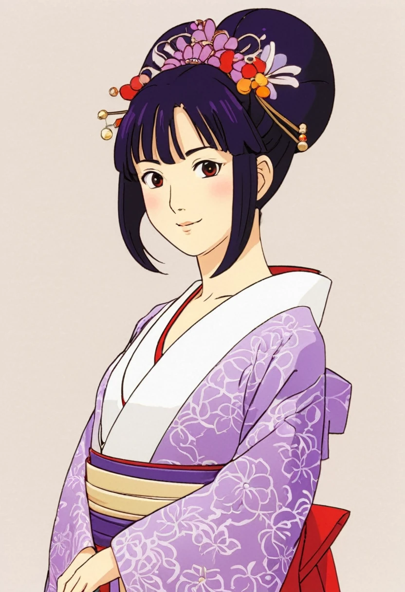 A Ghibli's studio character (2D). She have long black hair . She wears traditional oiran clothes purple red