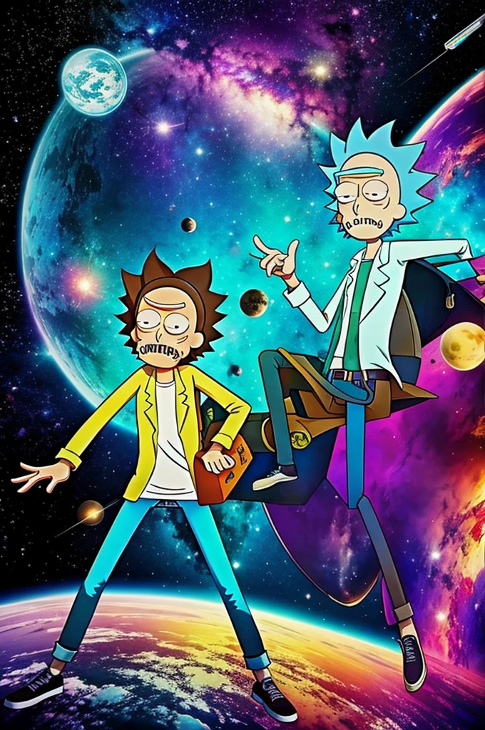 graffiti style rick & morty on space