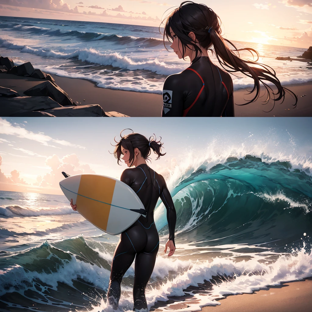 ((best qualityer)), 3d drawing, man surfer, surf pranch, beachfront, sunset, woman in love