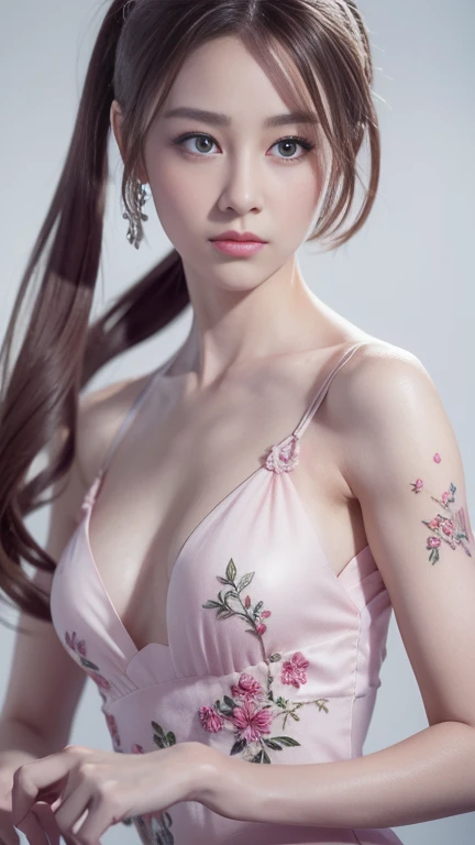 (Best quality,4K,8K,A high resolution,Masterpiece:1.2),Ultra-detailed,(Realistic,Photorealistic,photo-realistic:1.37),Delicate depiction of floral motifs on traditional Chinese gauze dresses, Dynamically capture Tai Chi elements, Flowing fabric, vivid vivid colors, Pastel tones, Soft and dreamy lighting, Focus on exquisite craftsmanship, Dynamic movements, Detailed rendering of intricate floral embroidery, Elegant and elegant gesture, Porcelain-like skin, small breasts, long pink twintails, soft blue eyes, Subtle and flawless makeup, Surreal wallpapers