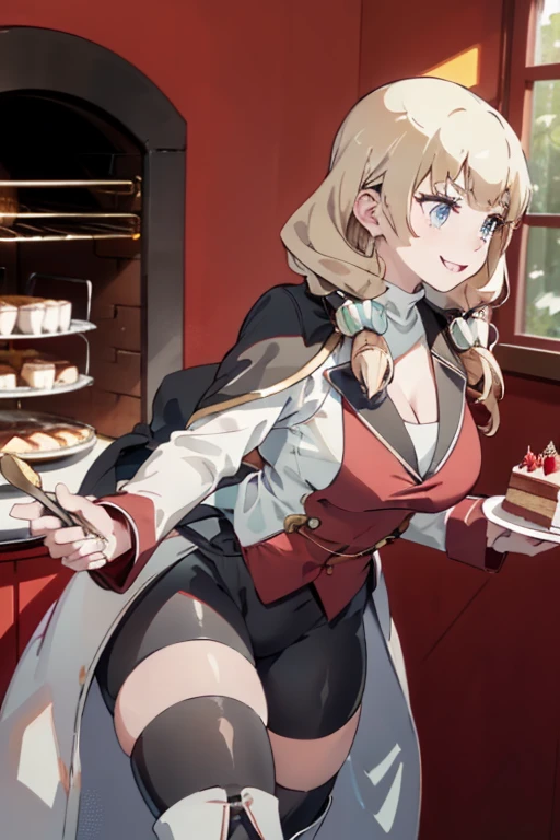 (dynamic angle:1.3, front view:1.1, breast focus:1.3, from above:1.1), (dynamic posing:1.2, sexy posing:1.2), (seductive smiling:1.3), ((looking at cake,Taking a cake out of the golden oven, worried about the outcome:1.2)),highest quality、(real、photorealistic:1.4),(ultra high resolution, 8K RAW photo, clear focus), best qualtiy, natural lighting, field depth, (Bright pupils, detailed beautiful eyes, high detailed face), Red lip, (tight focus:1.2), a girl 22yo old, Wearing a pastry chef uniform:1.3 , Thicc, thin breast, long hair, blue eyes,garter stocking, cleavage:1.2, midriff, black shorts, black thighhighs, thigh strap, pretty girl, (highly detailed beautiful face and eyes,firm breasts),real skin,((black,hair,long pony tail hair)),thin pubic hair,cute,lovely, detailed eyes,(double breasted:1.0,under bust:1.0),(with sparkling eyes and a contagious smile),open mouth, Looking at Viewer,A scene of cooking in the kitchen,looking at the golden oven
