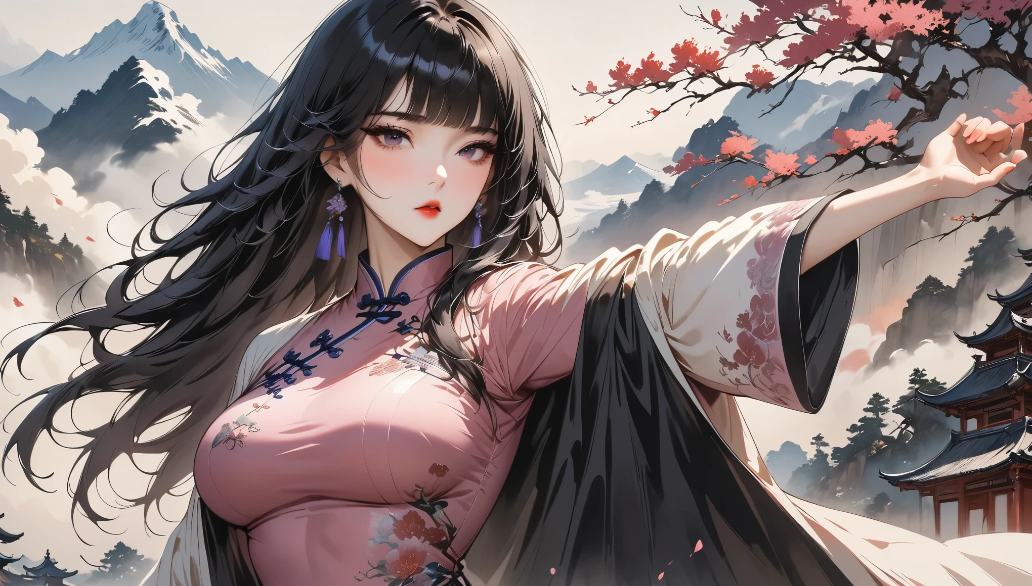 (Masterpiece, Best Quality: 1.3), 1girl, (Conservatively Dressed: 1.8), pink-purple cheongsam, pink-purple qipao, (Mature: 1.4), Cold Eyes, Gorgeous Accessories, Fluttering Cloak, very aesthetic, national painting, Clothing ink painting style, gradient hair, blunt bangs, blunt bangs, high detail, cowboy shot, Masterpiece, super detail, best quality