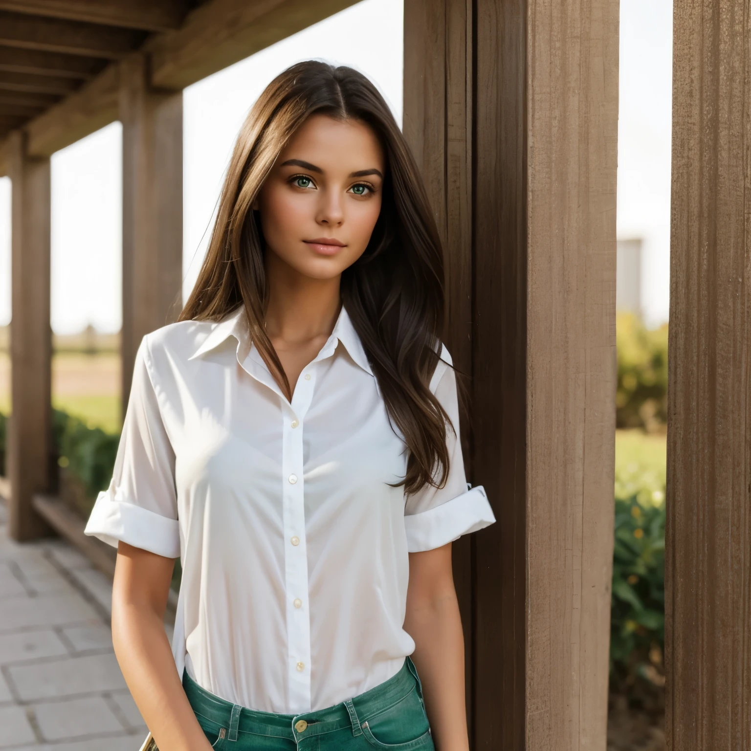 Charming green-eyed brunette girl. The length of the hair is square. He looks straight ahead. She is wearing a white shirt