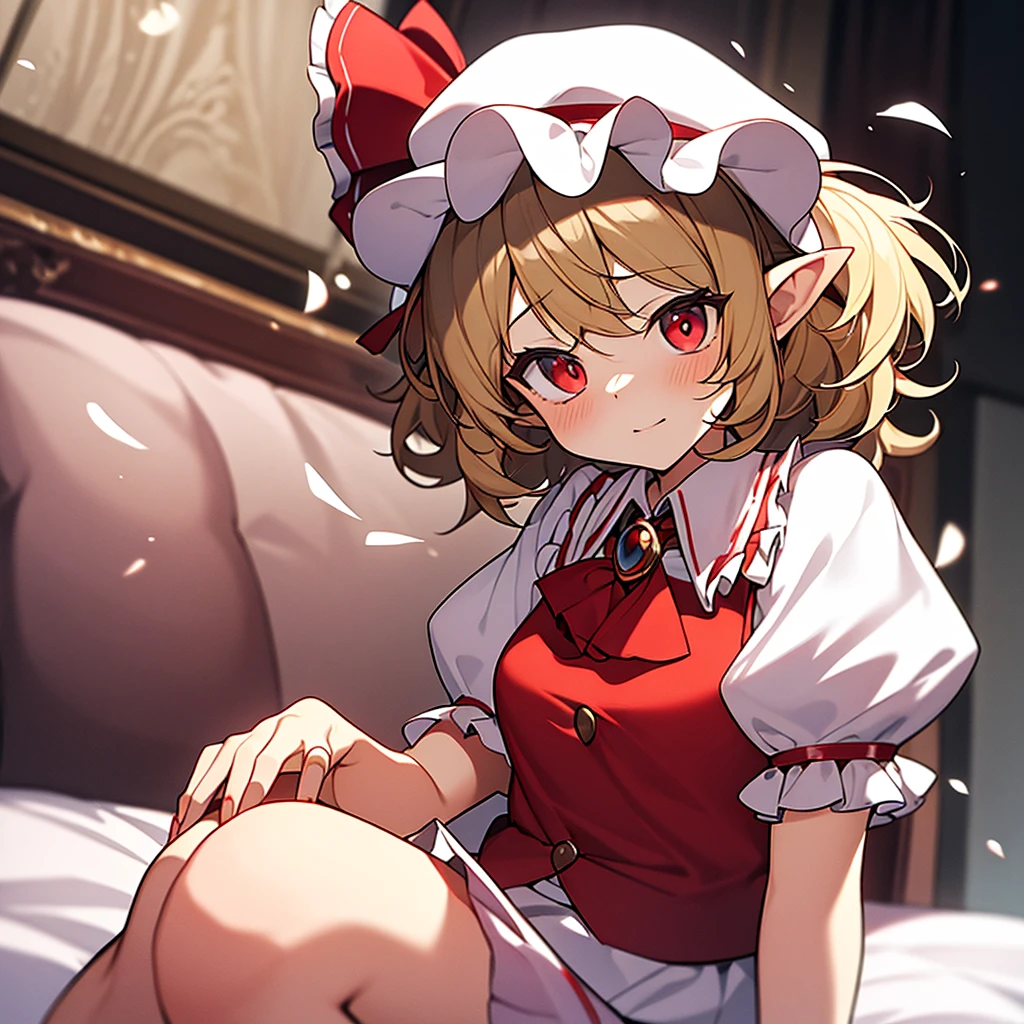 masterpiece, best quality: 1.2, 1girl, remilia scarlet, touhou, blush,tooth, hat, mob cap, solo, blonde hair, red vest,red eyes, vest,white headwear, short sleeves, one side up, puffy sleeves, skirt, shirt, pointy ears, red skirt, looking at viewer, puffy short
sleeves, ascot, yellow ascot, white shirt, frills, red bow, collared shirt, ribbon, frilled shirt collar, red ribbon, medium hair, seiza, sitting, looking at viewer, grey background, diagon angle, heart eyes