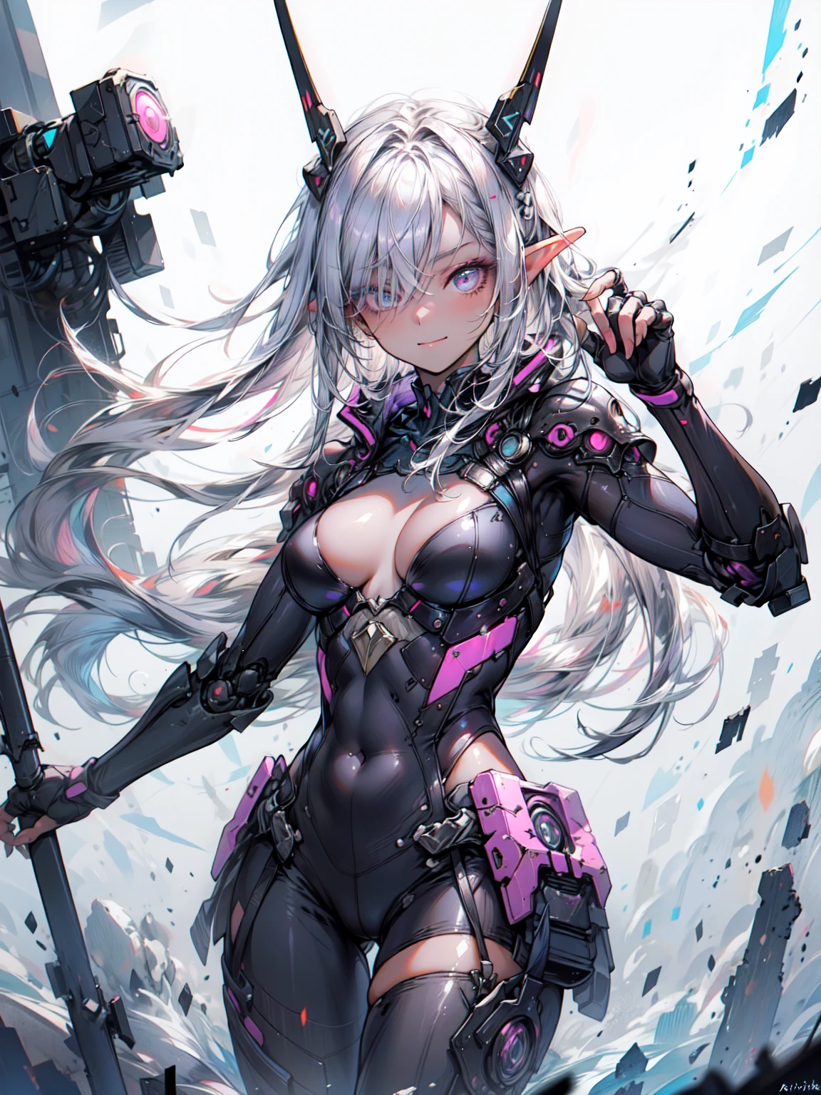 ((masterpiece)), (Highest quality), (Highest quality), ((非常にdetailed, 8K quality)), aesthetics, Cinema Lighting, (detailedな線画), Confused, (Optimal Configuration), (High resolution), Watercolor paints, Calm色, Warm colors, Highest quality, Delicate brushwork, 
Blake
cyberpunk Dark Elf woman,  wearing japanese Techwear, black harajuku fashion, Cyberpunk Streetwear, wearing Cyberpunk Streetwear, Techwear, Armored Organic Cyborg,  Mecha_musume,  High quality fabric, Armor Textures, 彼女はandても(relax) and(Calm) exterior, Please raise your hand, Contrasting, Cowboy Shot, Dutch Angle, Golden Ratio,  Dramatic cinematic atmosphere, Fantasy, Complex, elegant, 非常にdetailed, Genuine, Realistic,  Art Station, shape, Concept Art, Smooth, Sharp focus, Cyberpunk-style brush painting by Yoji Shinkawa, by Mikimoto Haruhiko, by art germ,
Blake
非常にdetailed of (Dark Elf), (1 Girl), alone, Perfect Face, detailed, Ahoge, ((Long Hair:1.2)), (Hair above one eye:1.3), [[Messy Hair]], Shiny blonde white hair, Purple eyes, Variegated eyes, Colorful Hair, Shining Eyes, (eyelash, eye shadow, pink eye shadow), bright, smile, Design Art：Haruhiko Mikimoto, by Kawashi, By Yoshitaka Amano,
break、
((Perfect Anatomy)), Perfect body, Abdominal muscles, Medium Chest, (Perfect hands), Perfect Face, Beautiful Face, Beautiful Eyes, Perfect Eyes, (Perfect Fingers, Thin fingers), Correct Anatomy, ((Dark Skin:1.2)),
break、
Watercolor paints, Calm色, Warm colors, Highest quality, Delicate brushwork,Picture background, Remaining, Some are submerged in water, bubble, bubble water, splash, Cyberpunk industry and neon lights, ケーブルandパイプ, ventilation duct, Police Line, (Written boundary depth:1.2), (Blurred Background:1.2), haruhiko mikimoto&#39;style, art germ, Kentaro Miura style, haruhiko mikimoto&#39;style, art germ, Kentaro Miura style,