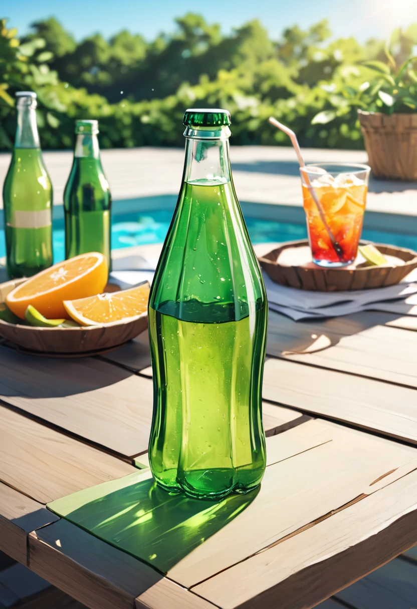 a green glass bottle of soda, on the table, summer noon,