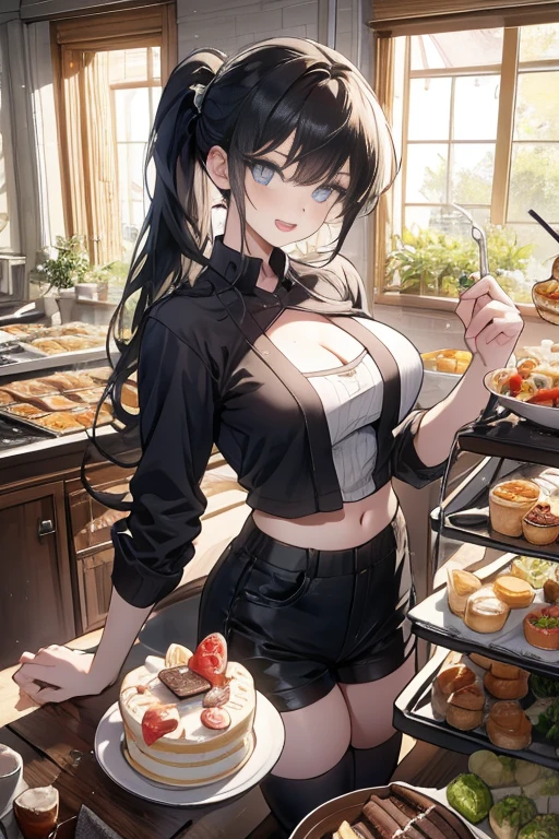 (dynamic angle:1.3, front view:1.1, breast focus:1.3, from above:1.1), (dynamic posing:1.2, sexy posing:1.2), (seductive smiling:1.3), ((holding Pasta on a plate,Taking the pasta out of the pan, worried about the outcome:1.2)),highest quality、(real、photorealistic:1.4),(ultra high resolution, 8K RAW photo, clear focus), best qualtiy, natural lighting, field depth, (Bright pupils, detailed beautiful eyes, high detailed face), Red lip, (tight focus:1.2), a girl 22yo old, Wearing a pastry chef uniform:1.3 , Thicc, thin breast, long hair, blue eyes,garter stocking, cleavage:1.2, midriff, black shorts, black thighhighs, thigh strap, pretty girl, (highly detailed beautiful face and eyes,firm breasts),real skin,((black,hair,long pony tail hair)),thin pubic hair,cute,lovely, detailed eyes,(double breasted:1.0,under bust:1.0),(with sparkling eyes and a contagious smile),open mouth, Looking at Viewer,A scene of make cooking Carbonara Pasta in the kitchen
