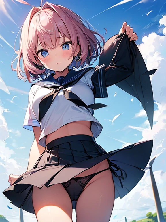 (Browsing Caution)masterpiece、Highest quality、High resolution、Real Skin、Detailed skin)、(One Girl、alone)、(Japanese Model、Japanese Girls)、short hair、Colored inside light blue、(summer 、White shirt:1.1)、(Dark blue skirt、Pleated skirt:1.1)、(The wind is blowing、Wind power increase、A skirt flipped up by the wind、A skirt flipped up by the wind、Skirt flutters:1.5)、Dark blue socks、Black Loafers、(Full-fledged panties:1.5)、White ribbed panties:1.5、blush、Embarrassing