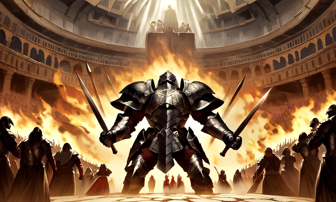 "Gladiators in full combat regalia, each wearing detailed armor that reflects their role and origin. Some wear helmets decorated with crests and plumes, while others have scaled or metal plate armor that covers the torso. They wield a variety of weapons , from short gladiuses and wide shields to long spears and nets. The atmosphere is charged with tension and adrenaline as they are ready to face deadly challenges in the Colosseum's imposing arena, surrounded by a crowd of spectators eagerly screaming for blood and victory.
