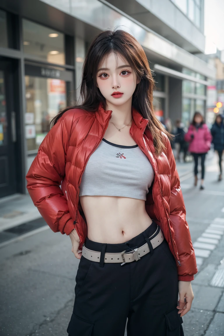 girl in winter scene, Short belly down jacket, Exposed lower abdomen,Low-rise pants, Metal belt,((cowboy shot)),Looking at the camera,Detailed facial features, beautiful eyes, Lips, and long eyelashes, Reality, 8K, Very detailed, Studio Lighting, Dramatic Lighting, Vibrant colors, work, City Streets,The abdomen is open,Showing belly,Sexy abdominal muscles