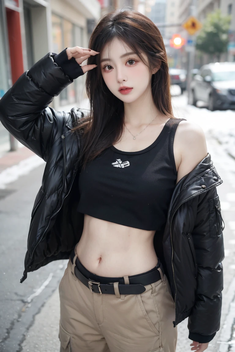 girl in winter scene, Short belly down jacket, Exposed lower abdomen,Low-rise pants, Metal belt,((cowboy shot)),Looking at the camera,Detailed facial features, beautiful eyes, Lips, and long eyelashes, Reality, 8K, Very detailed, Studio Lighting, Dramatic Lighting, Vibrant colors, work, City Streets,The abdomen is open,Showing belly,Sexy abdominal muscles