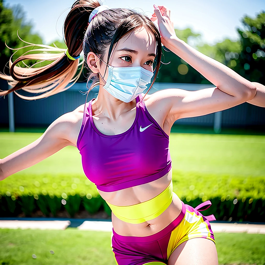 1 girl, solo, running, Gray Track Top, pink shorts, ponytail, athletic build, dynamic brushstrokes, fluid movement, capturing the essence of her athleticism and energy, using light colors and soft tones to create a dreamy and ethereal atmosphere, portraying the motion and grace of running, showing the wind blowing her ponytail and clothes, and the scenery of her surroundings.
outdoors, detailed background, Modern metropolis,