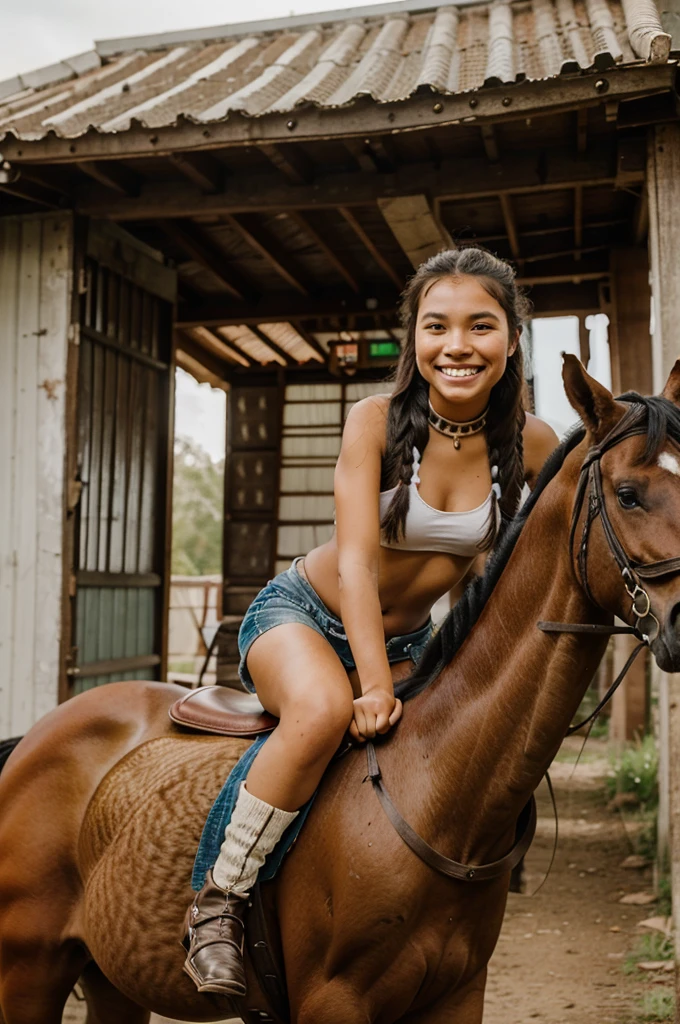 Indigenous 18 years old girl riding a horse, chuckle smile