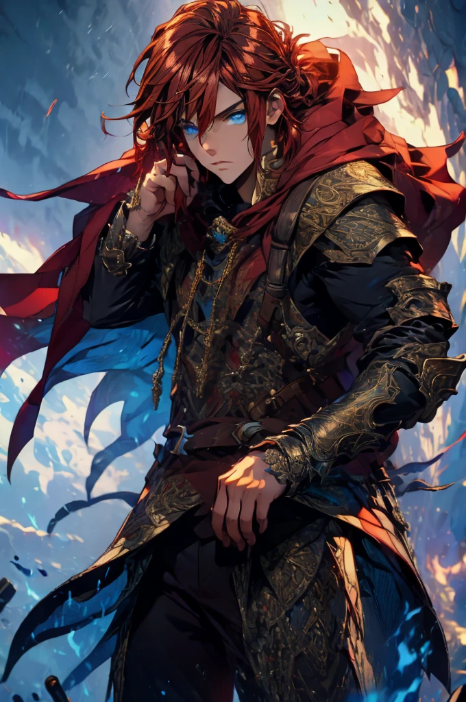 (masterpiece, best quality), intricate details, 1boy, red hair, blue eyes, Arthur, black clothes, pauldrons,