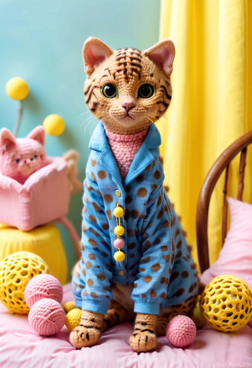 envision a sewing bengal cat wearing a blue pijamas with yellow balls, sitting in a wooden chair, in a yellow and pink girl bedroom, with other toys