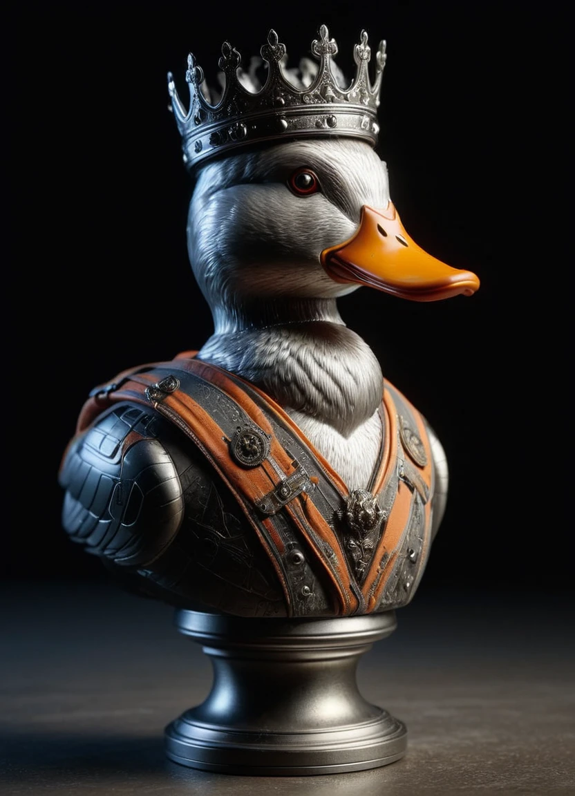 royal mechanical head platinum Duck (bust:1.3), wearing a crown, in the museum, light and shadow, orangeblack, 8k, F2.8, RAW Photo, ultra detailed, real life, 