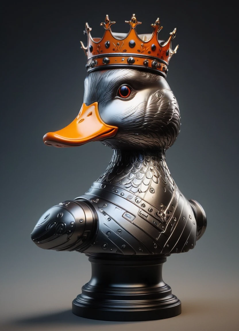 royal mechanical head platinum Duck (bust:1.3), wearing a crown, in the museum, light and shadow, orangeblack, 8k, F2.8, RAW Photo, ultra detailed, real life, 