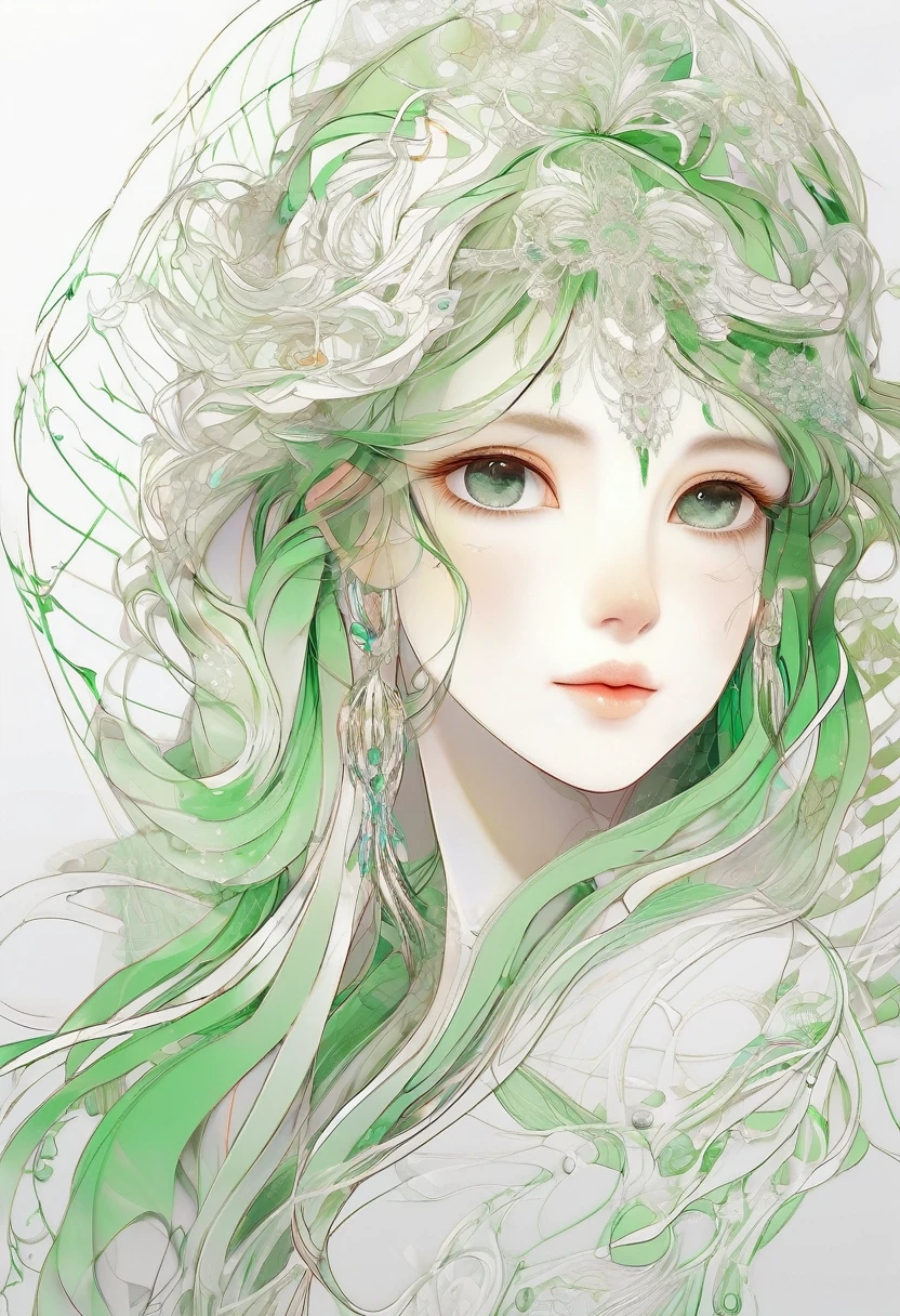 A small girl with a beautiful face is sitting upright and looking at the viewer.、Long Hair、The background features a large line art of a gentle goddess.、White background、Green Line、Fractal Art Lines、Zendangle Art、Masterpiece、Ultra-detailed、8K