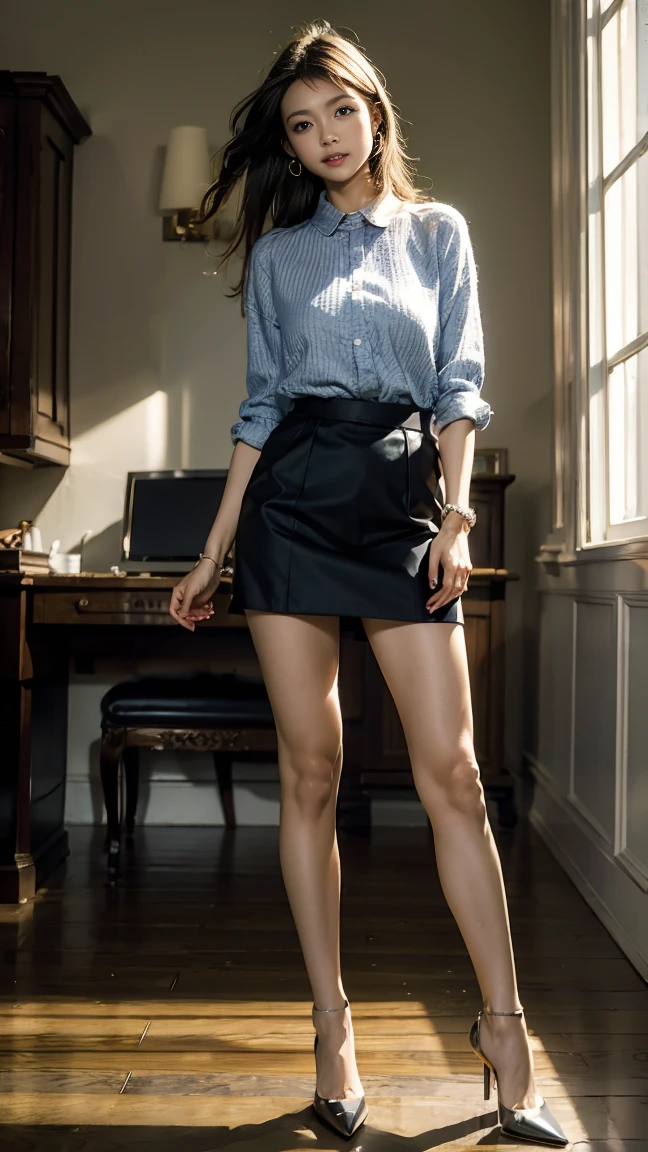 (of the highest quality, masterpiece, photorealistic, Super detailed, Ultra-high resolution, born:1.3), (1 girl:1.5), beautiful, danish blonde, Madura, 28 years, office workers, (very united, short skirt), ({money| the payment| Red wine| Armada| Rosa| yellow green| Violet| blue sky} Clothes), (smile), (hits), high waistband, collar, (office, interior, crystal room), (long legs, high heels, whole body:1.2), (big breasts:1.3), (crew)