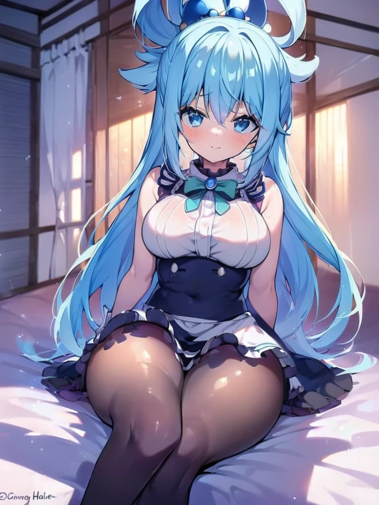 (masterpiece, Chic quality, HDR,Best quality: 1.2), solo, 1 girl, Konosuba ,aqua, detailed face, exhilaration, beautiful smile, looks at the viewer, detailed clothing, detailed fabric, Hair rings, maid, lace, shoes, Medium breasts, middle thighs, Bedroom, Bed,  lying in bed, legs stretched up, hugged my legs