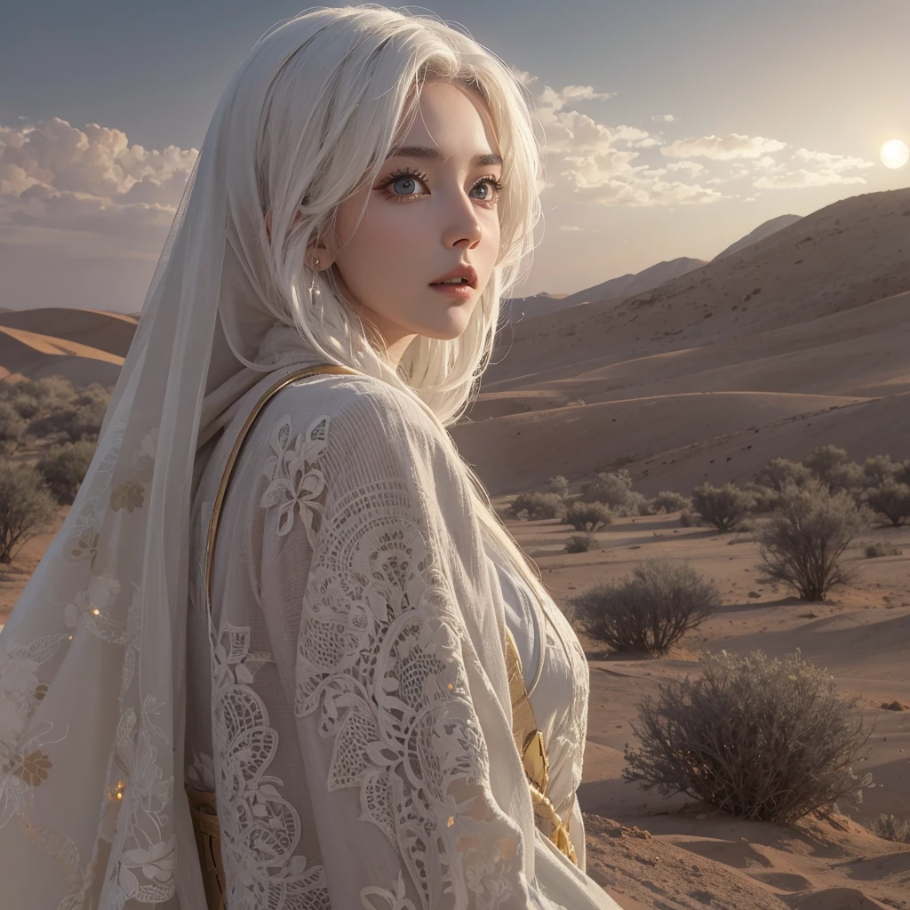 (Highest quality、masterpiece、8K、Best image quality、Ultra-high resolution、Award-winning works)、A beautiful white-haired woman watches over us from afar in the desert..., Where the moonlight shines.、Ancient Islamic clothing、Beautiful face drawn in every detail