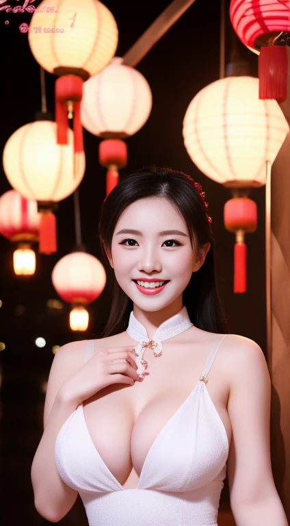masutepiece,Best Quality,Very detailed 8k wallpaper,POV,Upper body,
1girl in,Front view,Qipao 1,Looking at Viewer,Clothes Cutout,white_Dress,Huge breasts,Night,light_Smile,
Chinese New Year,lantern,Fireworks,Chinese_Style_loft,