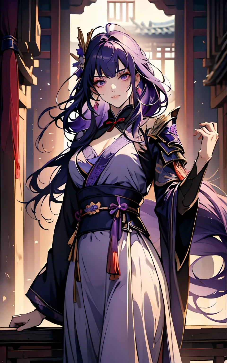 1 women, Raiden Shogun - genshin impact, long purple hair, violet eyes, violet chinese clothes, ultra long skirt, chinese room, portrait, sexy, uncovered chest