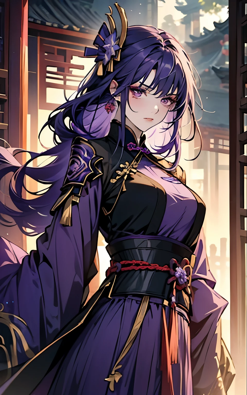 1 women, Raiden Shogun - genshin impact, long purple hair, violet eyes, violet chinese clothes, ultra long skirt, chinese room, portrait, sexy, uncovered chest