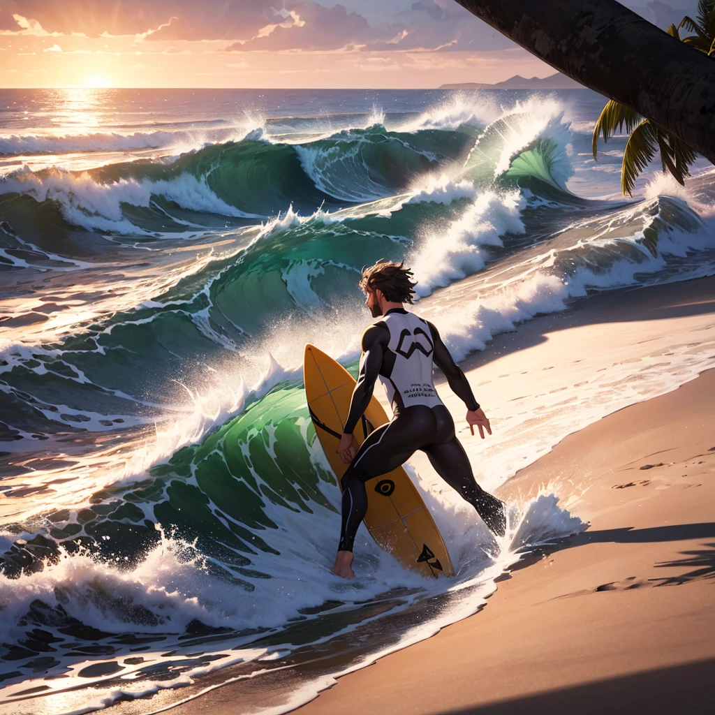 ((best qualityer)), 3d drawing, surfingista homem loiro, surfing, beachfront, sunset, mulher observando o surfingista