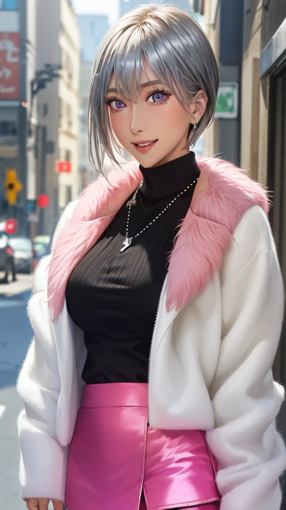 (masterpiece:1.3, top-quality, ultra high res, ultra detailed), (realistic, photorealistic:1.4), beautiful illustration, perfect lighting, natural lighting, colorful, depth of fields,
beautiful detailed hair, beautiful detailed face, beautiful detailed eyes, beautiful clavicle, beautiful body, beautiful chest, beautiful thigh, beautiful legs, beautiful fingers,
looking at viewer, 1 girl, japanese, high school girl, perfect face, (perfect anatomy, anatomically correct), cute and symmetrical face, babyface, , shiny skin,
(short hair:1.5, pixie cut:1.4, brown hair), swept bangs, cliped bangs, dark purple eyes, long eye lasher, (medium breasts), slender,
(((long sleeve pink fur jacket, round-neck black sweater, silver tight skirt)), necklace, ,
(beautiful scenery), evening, (downtown), standing, hands on chest, (seductive smile, open mouth),