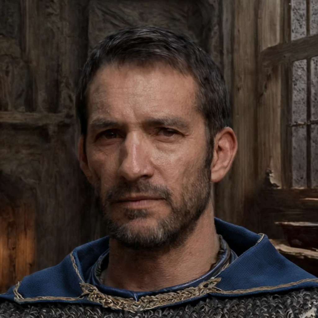(masterpiece)+, (extremely (realistic)+,a portrait of an ugly adult male small town bailiff, wearing blue coat and chainmail shirt, skin imperfections, Focused kind stare. Looking in camera. volumetrics dtx, Photorealistic, ultra detailed, Artstation trending, very very detailed, realistic shaded lighting, dynamic shadows, detailed Blurred fantasy bright vast wheat fields and villagers houses background, upper body, professional photograph of a detailed skin, sharp focus, dramatic, award winning, cinematic lighting, octane render, unreal engine, volumetrics dtx, Photorealistic, ultra detailed, Artstation trending, very very detailed, hyperrealistic, fine details, realistic shaded lighting, dynamic shadows, Blurred fantasy bright vast wheat fields and villagers houses background, add_detail:1, skin pores and wrinkles, details.,More Reasonable Details
