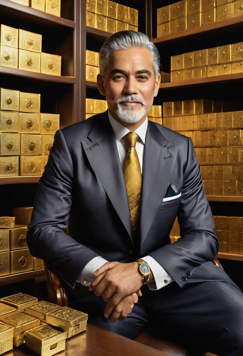 Elegant man, wearing a suit and a tie, seated at a desk, in a confident and professional pose, image background, there are shelves or shelves full of boxes, The boxes are varied and appear to contain valuable treasures, gold", "Old coins", "Gemas Raras", ""visual style"" that matches the theme of treasures and wealth, perhaps with colors that enhance the shine of precious metals