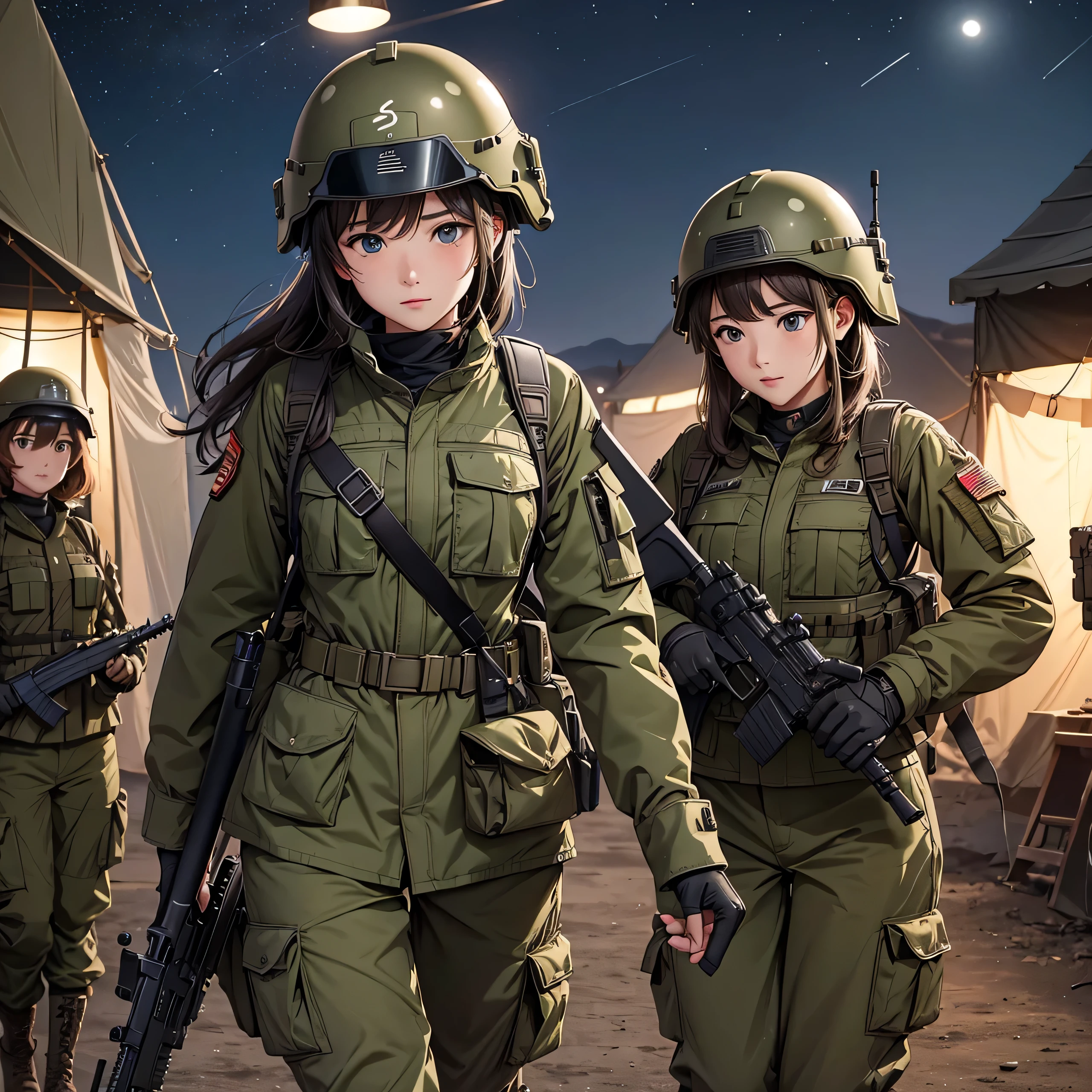 First-person perspective、Four female soldiers wearing helmets、Olive military uniform 、Magazine Pouch、Look at the crotch、Patrol with guns、Military camp at night、Write details、masterpiece、best quality、Highly detailed CG、8K picture quality