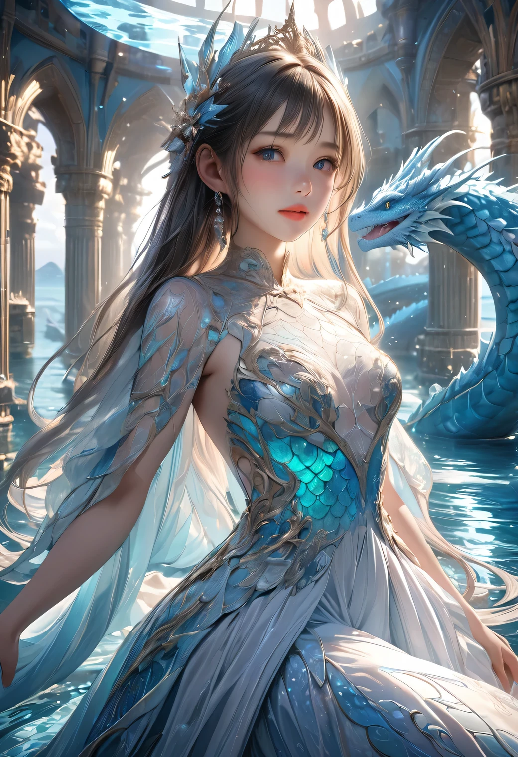 undersea Dragon Palace, Cute Princess Otohime, long flowing hair, Beautiful attention to detail, Beautiful lip detail, Highly detailed face, Porcelain-like skin, Elegant and gorgeous dress, loose fitting dress, Shimmering Scales, A glowing, bioluminescent ocean, Sunlight shining through water, Fantastic architecture, (Highest quality, 4K, 8K, High resolution, masterpiece:1.2), Super detailed, (Realistic, photoRealistic, photo-Realistic:1.37), Dramatic lighting, Vibrant colors, Structure of the film
