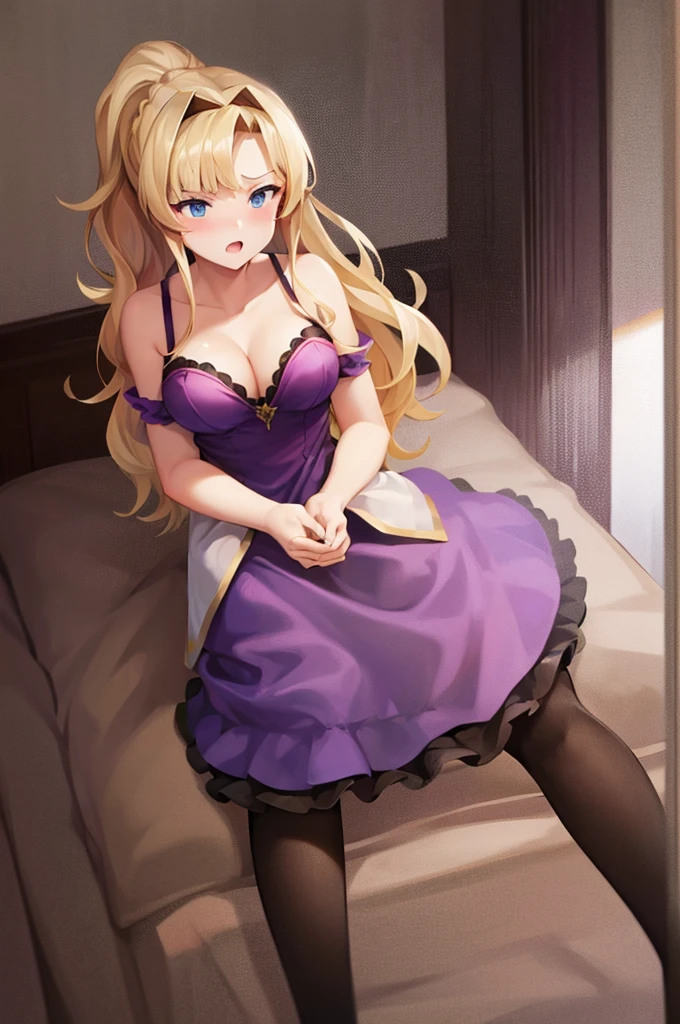 (Highest quality:1.3), , Big Breasts, Cleavage, , Sexy face, , blush:1.3　Highest quality　　On the bed　ceiling light　Open your mouth　It has been violated　Purple Dress　Side bust　Being pushed onto the bed　Zeta　1 person　Looking at this
