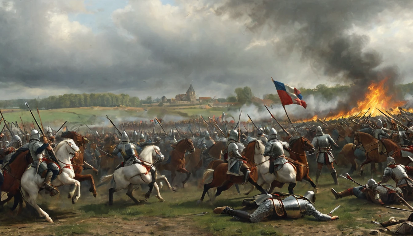 The Battle of Crécy in the 14th century. The scene shows the battlefield with English and French soldiers clashing fiercely. The English archers, equipped with longbows, are firing a hail of arrows into the French ranks. French knights, in shining armor and mounted on ornate horses, charge with lances toward the English lines. The ground is covered in rubble, fallen bodies and torn banners. The sky is cloudy and dark, adding a dramatic tone to the intense battle. In the background, you can see the hills and trees that frame the battlefield. The atmosphere is chaotic and violent, capturing the brutality and heroism of this historic confrontation., Hyperrealism, UHD, retina, masterpiece, accurate, anatomically correct, textured skin, super detail, award winning, 8k
