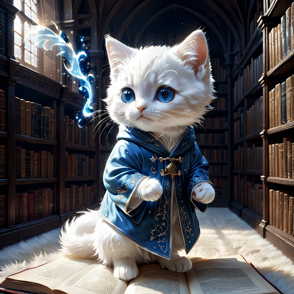 C4tt4stic, Medieval Europe, surrounded by countless particles of light, each one shining brightly, illustration of a small, cute creature, wearing a luxurious robe, full body, from behind, standing, costume, reading a book in a library, fantasy art, exquisite details, Jean-Baptiste Monge style, Alan Lee style, anthropomorphic blue-eyed white furry kitten, cinematic scene, dramatic shot angles, atmospheric grain, realistic, raw cinematic photorealism, action portrait, 8k, detailed, full frame