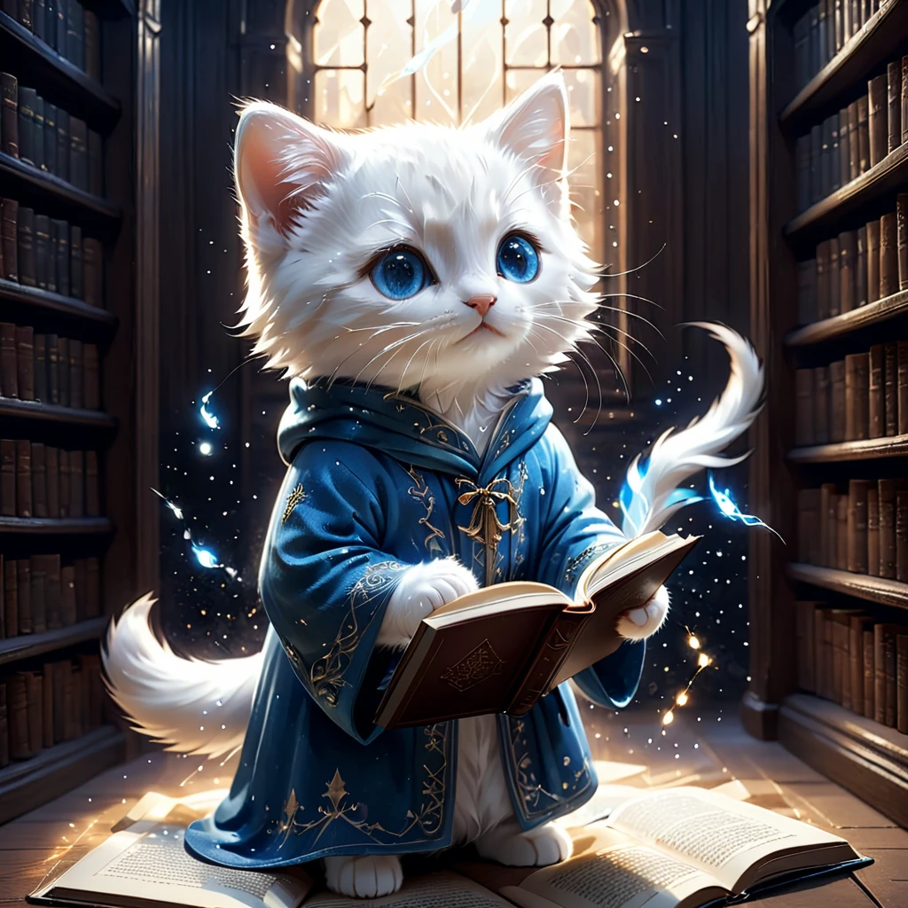C4tt4stic, Medieval Europe, surrounded by countless particles of light, each one shining brightly, illustration of a small, cute creature, wearing a luxurious robe, full body, from behind, standing, costume, reading a book in a library, fantasy art, exquisite details, Jean-Baptiste Monge style, Alan Lee style, anthropomorphic blue-eyed white furry kitten, cinematic scene, dramatic shot angles, atmospheric grain, realistic, raw cinematic photorealism, action portrait, 8k, detailed, full frame