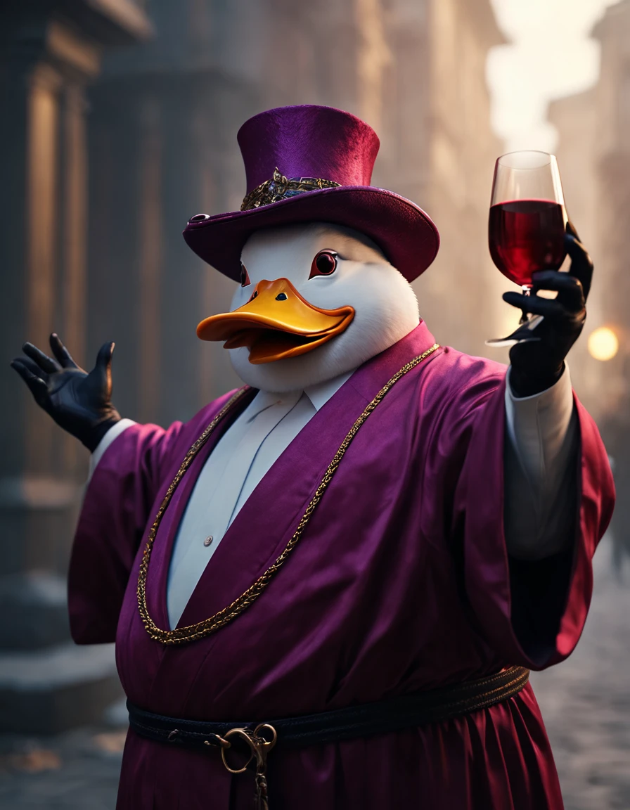 cinematic film still portrait of a anthropomorphic comical very corpulent yelling (Platinum Duck:1.3) hero wearing a wine magic robe and hat, intricate abstract. intricate artwork, by tooth wu, wlop, beeple, dan mumford. dramatic lighting, concept art, octane render, trending on artstation, greg rutkowski very coherent symmetrical artwork. cinematic, key art, hyper realism, high detail, octane render, 8 k, iridescent accents