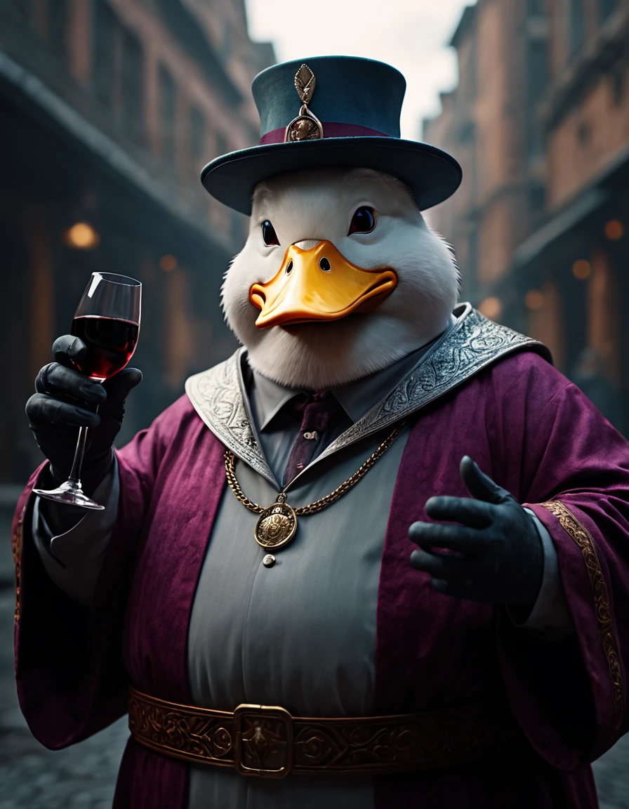 cinematic film still portrait of a anthropomorphic comical very corpulent yelling (Platinum Duck:1.3) hero wearing a wine magic robe and hat, intricate abstract. intricate artwork, by tooth wu, wlop, beeple, dan mumford. dramatic lighting, concept art, octane render, trending on artstation, greg rutkowski very coherent symmetrical artwork. cinematic, key art, hyper realism, high detail, octane render, 8 k, iridescent accents