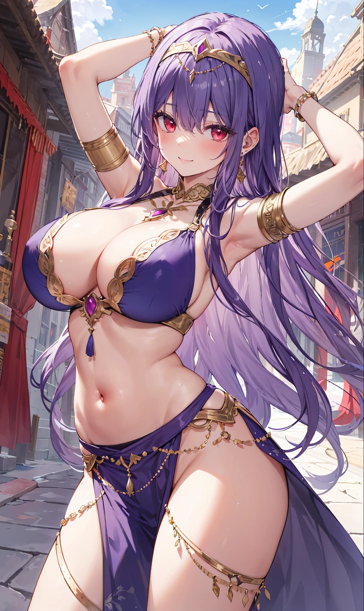 high quality, ultra detailed, best quality, insanely detailed, beautiful, masterpiece, 1girl, medieval plaza, cowboy shot, red eyes, long hair, purple hair, belly dancer, circlet, earrings, armlets, bracelets, bashful smile, large breasts, cleavage, soft stomach