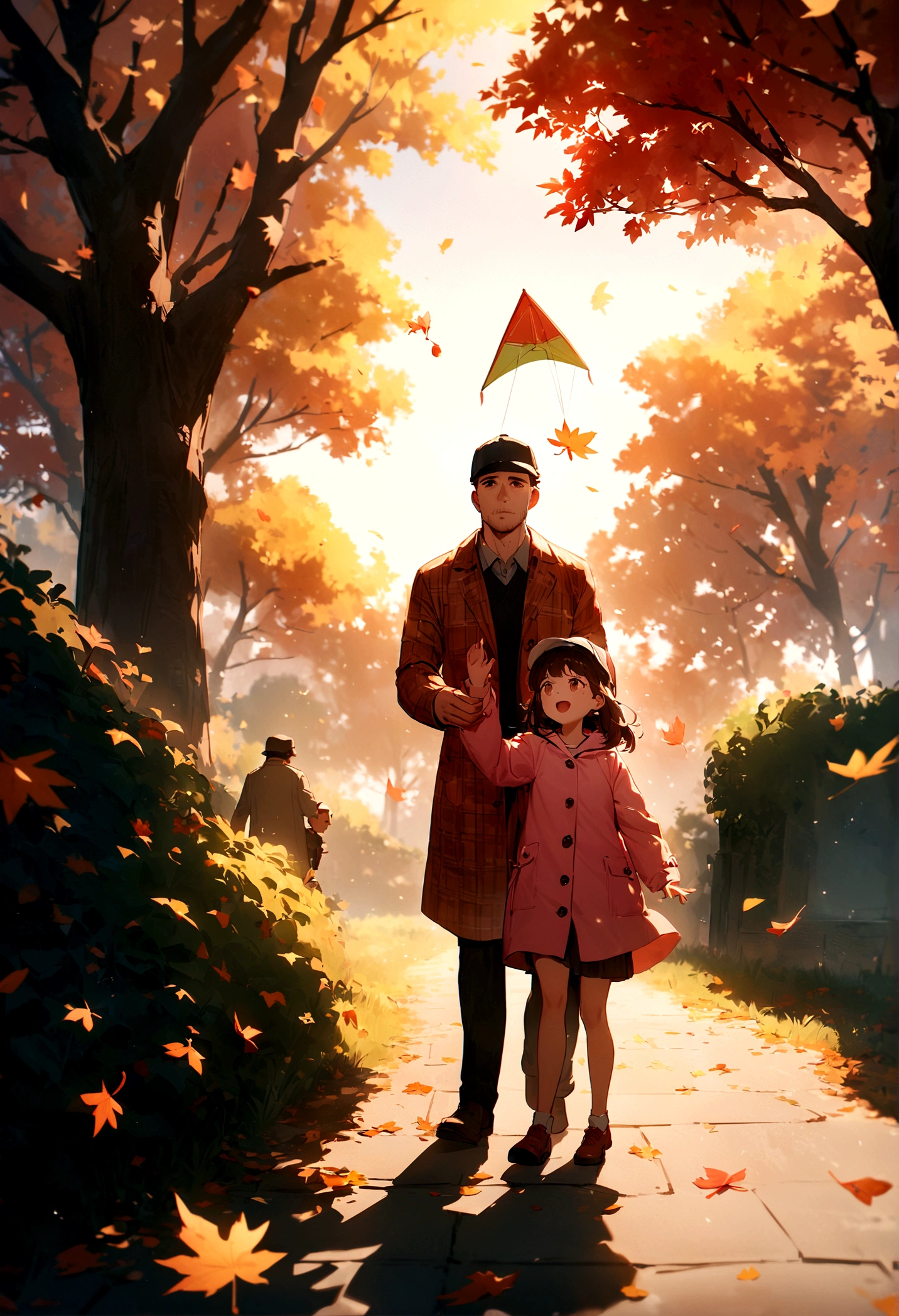 Father and Daughter, A heartwarming scene of a father figure and a child in an autumnal park. A gentle man with gray stubble, in a checkered coat and cap, teaches a jubilant girl in a pink raincoat to fly a kite. Their cheerful expressions and colorful clothing brighten the fallen leaves around them. Cinematic film still, shot on v-raptor XL, film grain, vignette, color graded, post-processed, cinematic lighting, 35mm film, atmospheric, a masterpiece, epic, stunning, dramatic, masterpiece, best quality, very aesthetic, absurdres