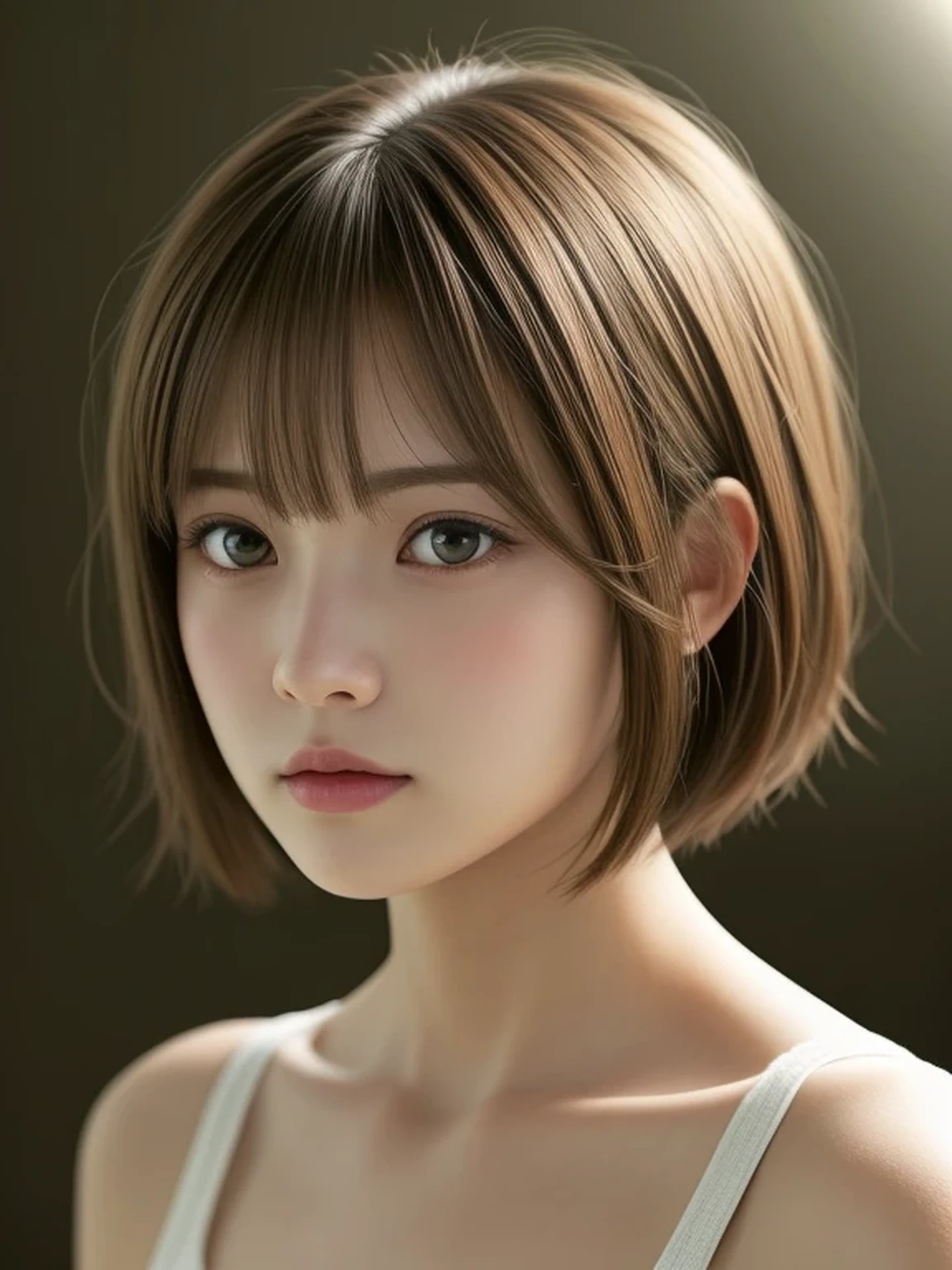 1 Japanese girl, (looking away:1.4), (upper body shot:1.2), Beautifully detailed eyeballs, catchlight in the eyes, Realistic digital painting of a woman portrait, Shy, Cute, open mouth to say something, sad, brown eyes, (short hair:1.1), (light brown brunette hair:1.3), (Highly detailed skin:1.2), Mystical style, Global Illumination,