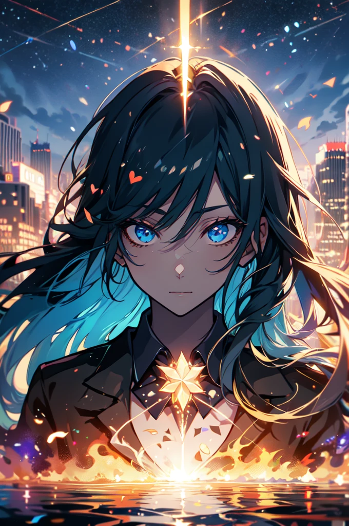 Beautiful hands, Beautiful dresasterpiece, (best quality:1.2), intricate details, ado, 1girl, multicolored hair, long hair, collared shirt, jacket, bangs, long sleeves, blue flower, (mature female:1.2), Ado, (dark blue hair, light blue inner), extra long hair, straight hair, blue eyes, slanted eyes, white inner shirt, (long black jacket, long black pants),  (masterpiece, best quality:1.2), intricate details, ado, 1girl, multicolored hair, long hair, collared shirt, bangs, long sleeves, blue flower, (mature female:1.2), Stars and comets pass by in the open sky, Beautiful Clouds, A tree with glowing fireflies and butterflies々, (Ultra-realistic), {Highly detailed CG unit 8k wallpaper}, Vast landscape photography, (View from below with a panoramic view of the sky, vast open field vision), (Low angle shot), (Light: 1.5), (warm Light source: 1.2), Intricate details, (Rainbow colors: 1.2), (bright Lighting), (atimospheric Lighting), dream-like, Magic, fairy tale