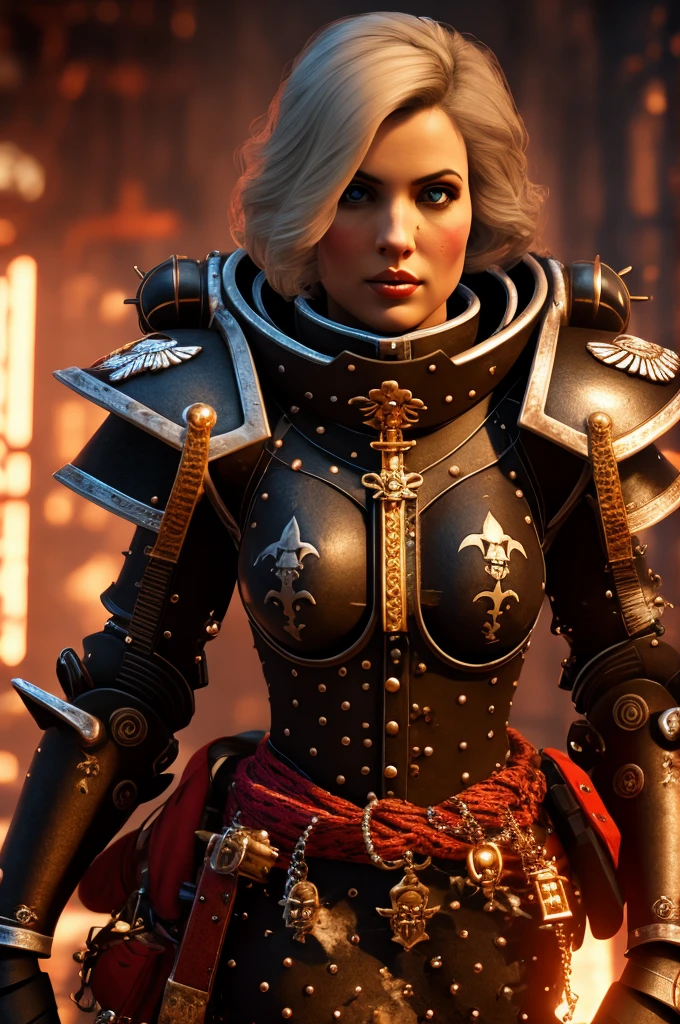 a highly detailed and realistic portrait of a beautiful blonde woman wearing power armor with a skull emblem, looking directly at the viewer, ultra-detailed, 8k, photorealistic, cinematic lighting, dramatic color palette, masterpiece, edg quality